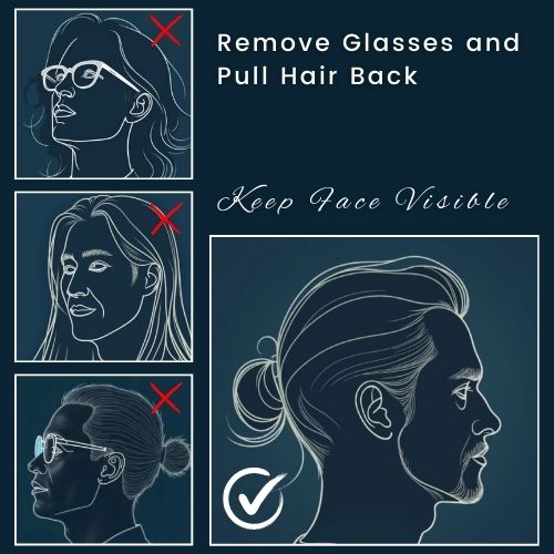 Left Frame: A silhouette with glasses and hair down, overlain by a small X to indicate remove glasses/pull hair back, Right Frame: A silhouette without glasses and neatly pulled-back hair, labelled Face Clearly Visible