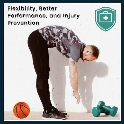 a man in a dynamic stretching pose reaching for his toes, Surrounded by a few small, icons: a dumbbell for weightlifting, a basketball for pickup basketball, and a first aid box to represent injury prevention.