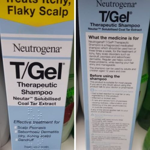 Front and back view of Neutrogena T Gel shampoo packaging