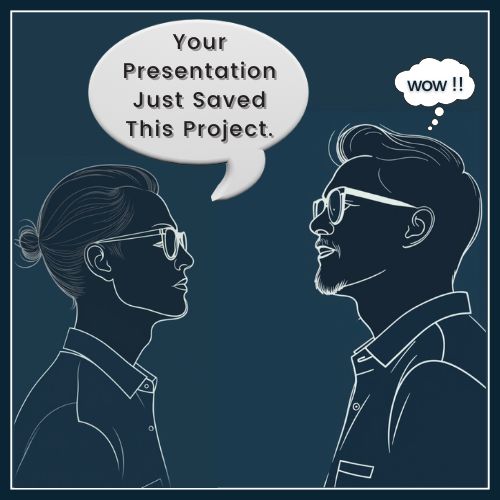 One silhouette giving a short, specific compliment to the other—represented by a small speech bubble like Your client call saved this project! The second figure appears engaged and positively surprised, highlighting the impact of genuine acknowledgment.