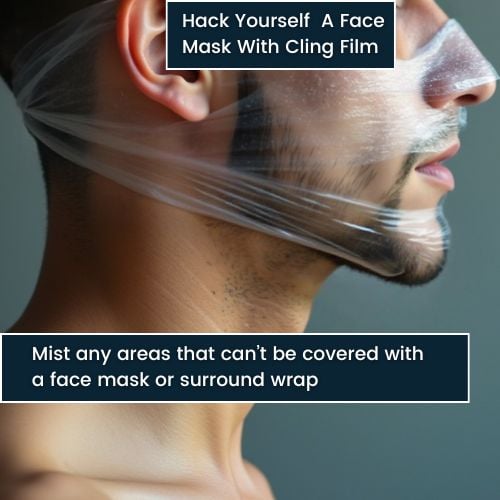 Hack Yourself A Face Mask From Cling Film, Man with cling film covering lower half of his face