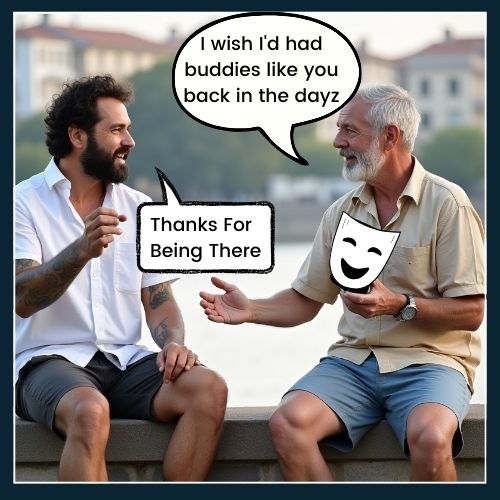 Two men are sitting on a stone wall, engaged in conversation. The man on the left is in his late 40s, with a beard and dark hair. He is gesturing with his right hand as he speaks. The man on the right is in his late 50s, He is holding a happy theatre mask in his hand, as though he was wearing it and has just removed it from his face.