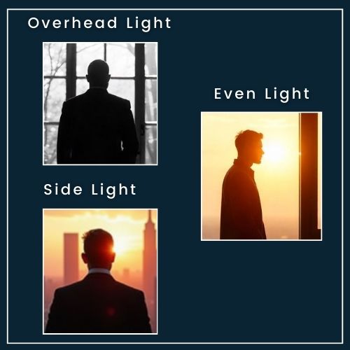 three small head silhouettes in a row on a plain background. Each silhouette is under a different light setup—one bright overhead, one from the side, and one more evenly lit.