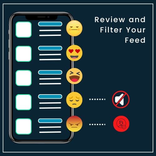 a smartphone screen displaying a simplified social media feed. Next to each post, is a small icon: a smiley face for posts that boost your mood, a frown for posts that bring you down, and a neutral face for the in-between. a few posts have a red “mute/unfollow” icon to show that you’re taking control.