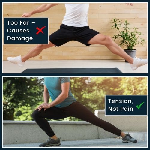 Not Pain.” On the Top, a man stretching with a clear grimace and a small cross mark with the label “Too Far – Causes Damage.”, On the Bottom a man stretching with a calm, focused expression and a subtle label that reads “Tension