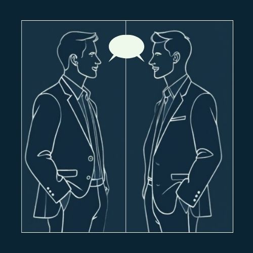 Two outlines of people facing each other in conversation, illustrating how men can share Men’s Grooming Tip