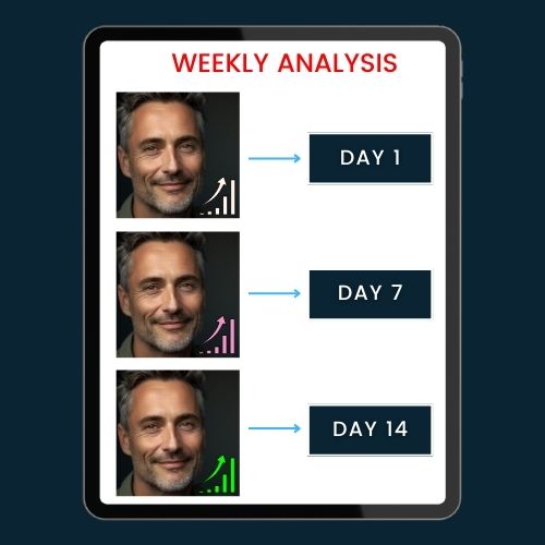 three small thumbnails of a face on a smartphone screen arranged in a horizontal timeline—labelled Day 1, Day 7,and Day 14