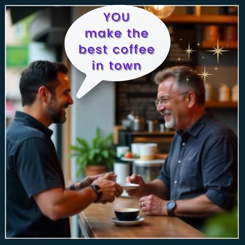 Two Hispanic men of average age in a coffee shop with a counter, the customer is has a speech bubble: You make the best coffee in town, the other coffee seller has stars around his head showing how targeted gratitude stands out more than a casual “thanks.”