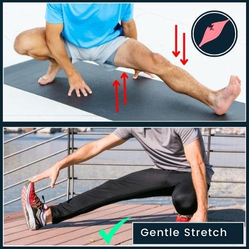 a two-panel design on a plain background: Top Panel: a man bouncing during a stretch, with jagged lines indicating muscle tension, a tear icon to suggest potential damage. Bottom Panel: a man in a calm, static stretch labelled “Gentle Stretch” and a small checkmark.