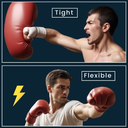 a split image on a plain background. On the left, a simplified silhouette of a man throwing a punch with a stiff, rigid arm, marked with a small “Tight” label. On the right, the same punch executed with smooth, fluid motion and a “Flexible” label.
