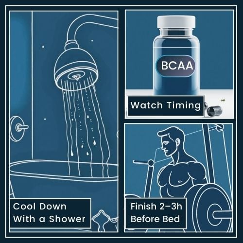 Workout Silhouette: A person lifting weights labelled Finish 2–3h Before Bed BCAA Container: Watch Timing label. Cool Shower: A showerhead with water labelled Cool Down With a Shower