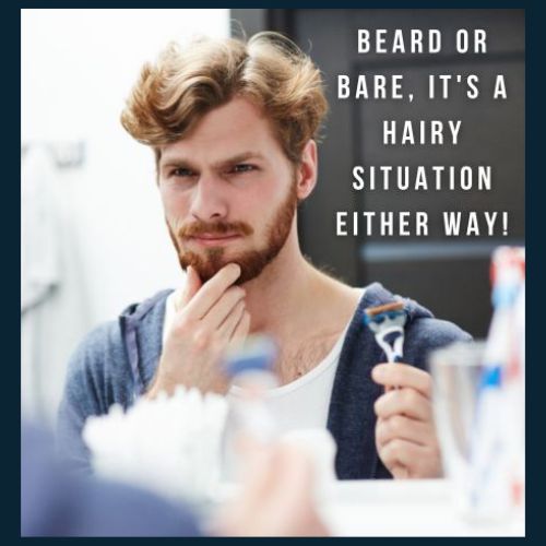 a man looking at his beard in mirror with a puzzled look, holding a razor