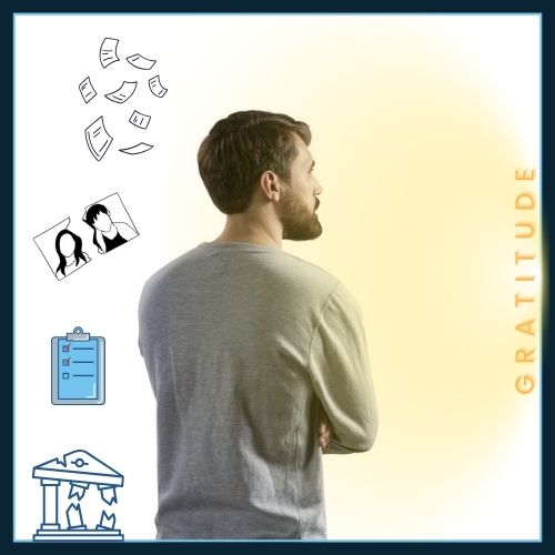 a man looking visibly knocked back On the right, a gentle light emerges, hinting at the resilience that gratitude can bring even when everything seems to fall apart.