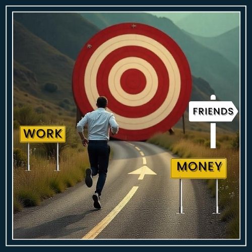 a man runing along a winding path. a few small signpost icons are labeled with everyday challenges like Work, Family Obligations, or Financial Worries.