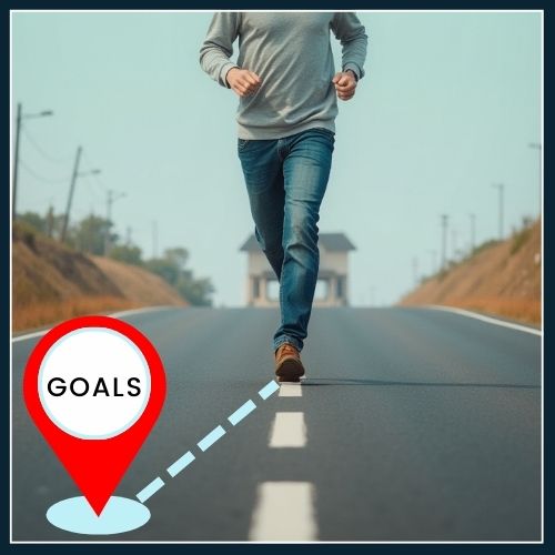 a man running on a road, In front of him, there is a simple GPS pin labelled Goals. a thin dotted line connects his path to the GPS, showing that the runner needs to divert from his current path to get to his destination
