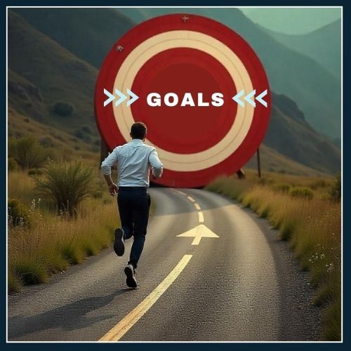 a man standing at the start of a path that leads to a bullseye or upward arrow labelled Goals.