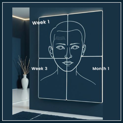 a man’s face divided into three or four puzzle pieces, each labeled with a different time point—like “Week 1,Week 3, and Month 2.