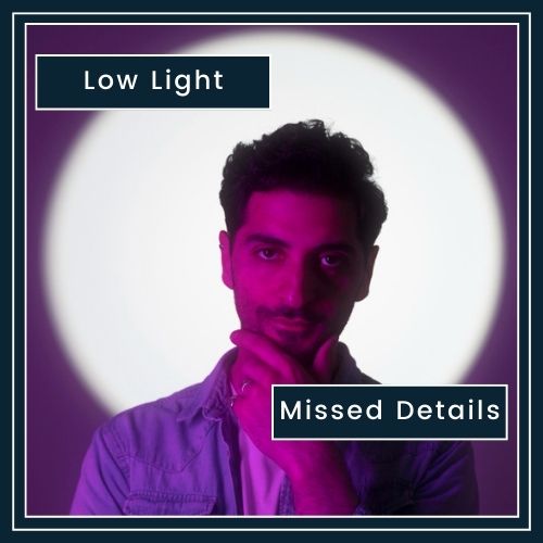 a man’s face labelled Low Light. the details of the face fade into darkness, hinting at Missed Details.