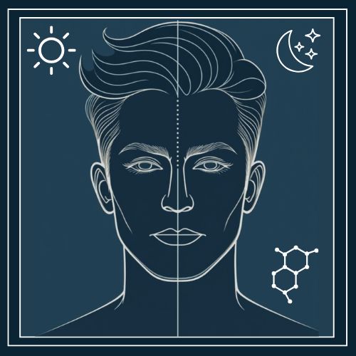a man’s face silhouette split down the middle with a faint vertical line. On the left side, a small sun icon in the background to suggest morning. On the right side, a moon icon to hint at evening.