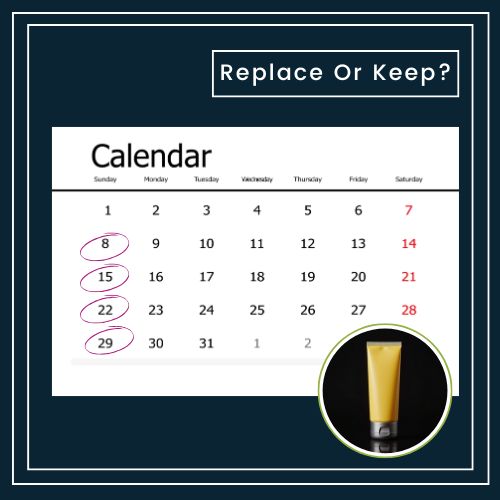 a minimal monthly calendar graphic showing four circled weekly checkpoints. a larger magnifying glass icon over a small skincare product icon