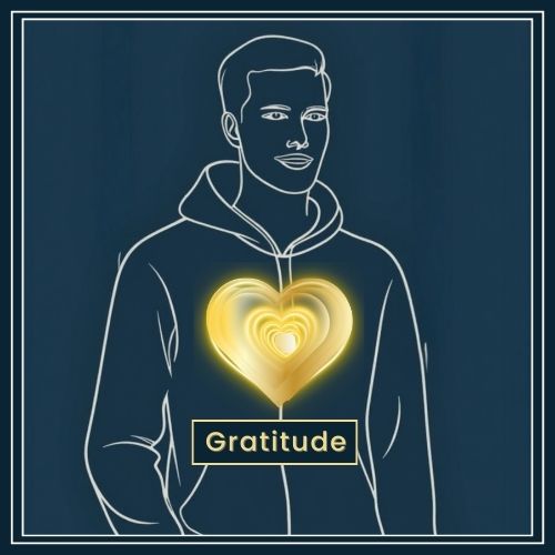a minimal silhouette of a man on a clean background. Inside his chest area there's a glowing labelled Gratitude. The glow can symbolises its positive effect on stress and well-being.