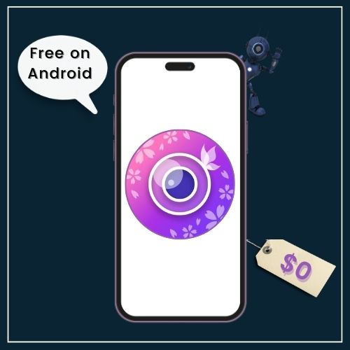 a phone screen with the YouCam app logo clearly visible. Next to it is a simple text bubble that reads Free on Android. a price tag with a $0