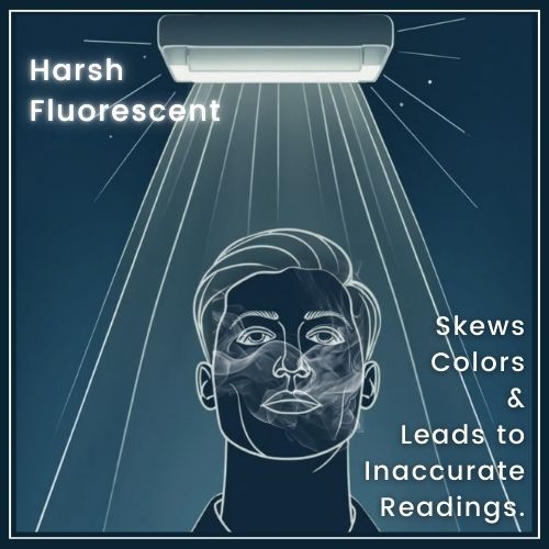a single overhead fluorescent tube emitting an intense glow with subtle flicker lines around it. Underneath, a man’s face silhouette is tinted a faint greenish hue.
