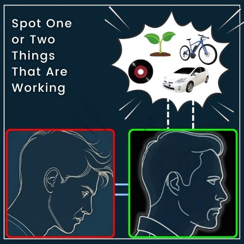 a stressed man (with small “stress lines” above his head) in one frame, then another frame right beside it where he’s calmer with a single thought bubble containing small icons: a car, a vinyl record, or a sprout (to represent his garden)