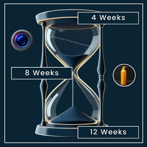 an hourglass labelled with small time markers, 4 Weeks,8 Weeks, and 12 Weeks along the hourglass. a minimal skincare product bottle is next to it, accompanied by a small camera icon
