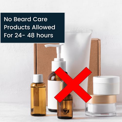 beard care products on clean counter, red x mark over products