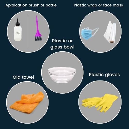 bowl, plastic gloves, old towel, plastic wrap, face mask, an application brush and bottle—clearly spaced