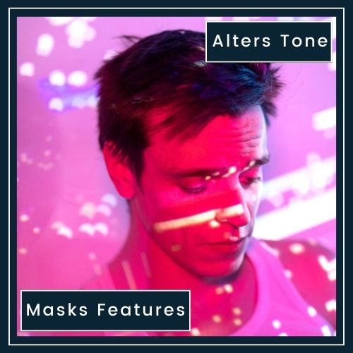 diagonal beams of light—blue, pink, and green—pass across a man's face, each tinting a different part. Labelled Alters Tone, Masks Features