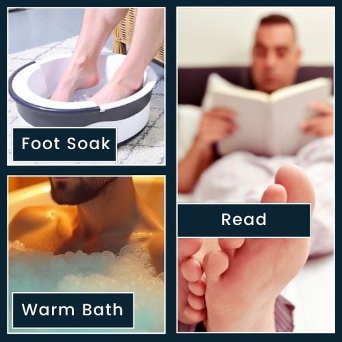 feet in footspa, man in warm bath, man reading in bed