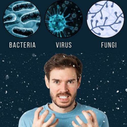 frustrated man surrounded by images of bacteria, virus, fungi, flakes of dandruff are in the air around him