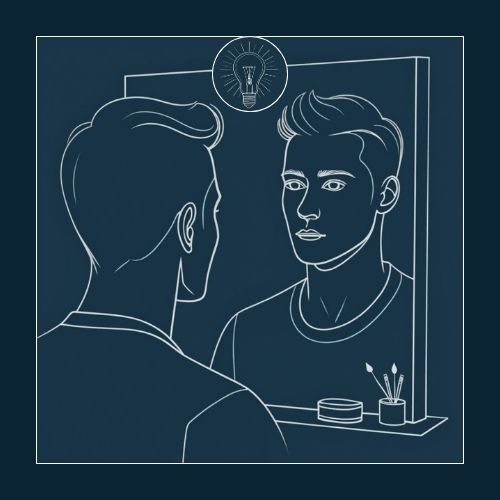 a minimalist outline of a man looking into a mirror, with a small lightbulb near the mirror’s edge illustrating men contemplating Personal Care Tips for Men