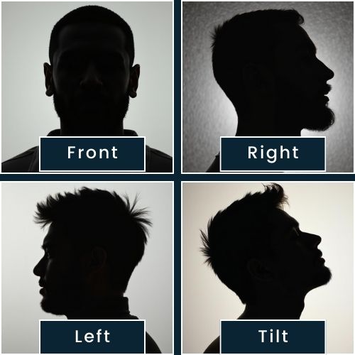 head outlines or silhouettes in a row on a plain background: Front View Left Side Right Side Slightly Tilted