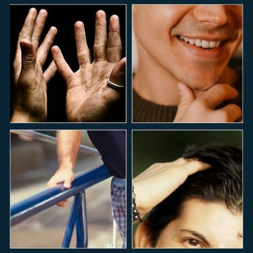 image showing dirty hands, hands on face, railings and hair