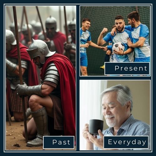 images of past present and everyday gratitude from ancient warriors giving thanks, to footballers celebrating the striker to a man enjoying his morning coffee with a smile