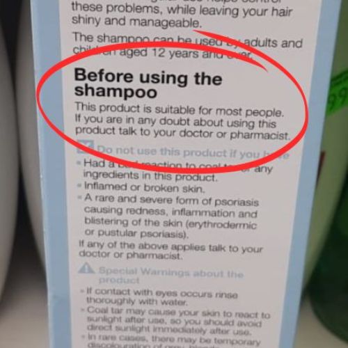 red circle placed around warning on Neutrogena packaging, issued by shampoo manufacturers