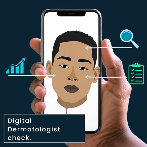 smartphone with an outline of a man’s face on the screen. subtle lines and small icons around the face - magnifying glass and graph icons hint at scanning and analysis