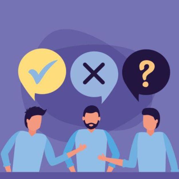three men with different opinion speech bubbles