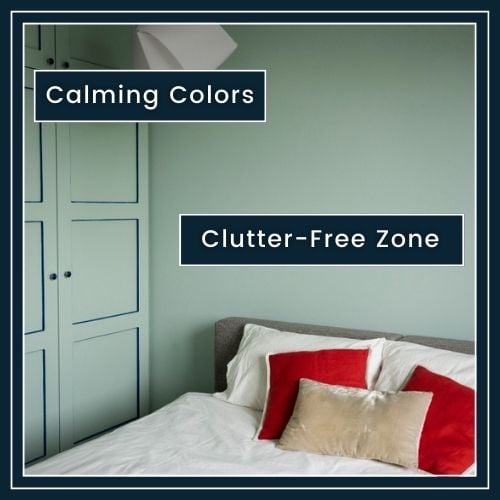 tidy bedroom with soft blue and green accents on a plain background. Furniture is minimal and neatly arranged. Includes labels like Calming Colours or Clutter-Free Zone.