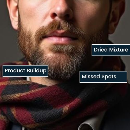 Patchy Beard Dye Results a beard showing uneven color patches.Includes 3 short labels: Missed Spots Dried Mixture Oil or Product Buildup