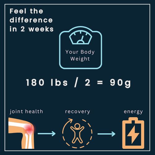 a clean infographic with a simple equation at its center displays: 180 lbs / 2 = 90g Above the equation is a simple scale icon representing body weight. Below the equation, are small icons for joint health, recovery (a lightning bolt ), and energy (a battery), with a brief caption reading, "Feel the difference in 2 weeks.