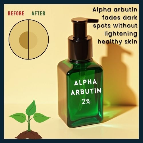 A serum bottle labelled 2% Alpha Arbutin is shown alongside a man’s skin with fading dark spots, with icons representing pigment control and even skin tone.