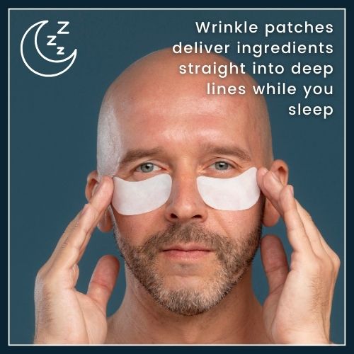 A close-up of a man’s face with silicone or microneedle wrinkle patches applied to the forehead and smile lines, with icons showing overnight use and targeted treatment.
