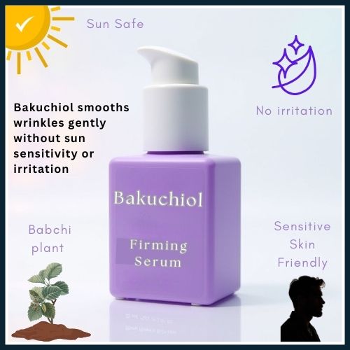A clean layout showing a bakuchiol serum bottle, a small plant icon to show its natural source, and simple icons highlighting no irritation, sun safety, and suitability for sensitive skin in men.