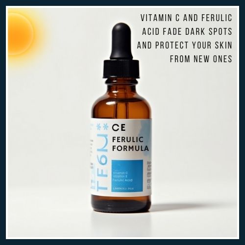 A Vitamin C and ferulic acid serum bottle shown in bright morning light, representing its use in fading dark spots and preventing new ones.