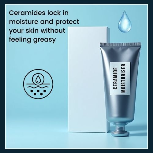 A lightweight ceramide moisturiser is shown with icons suggesting deep hydration and a strong skin barrier without shine.
