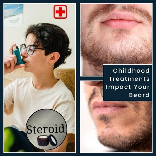a split-screen design on a plain background. On the left side is a simple illustration of a child holding an inhaler with a small steroid cream tube and a medical cross nearby to symbolize childhood asthma/hay fever treatments. On the right side, is a grown man with a noticeably patchy beard. a caption overlay reads “Childhood Treatments, Beard Impact.